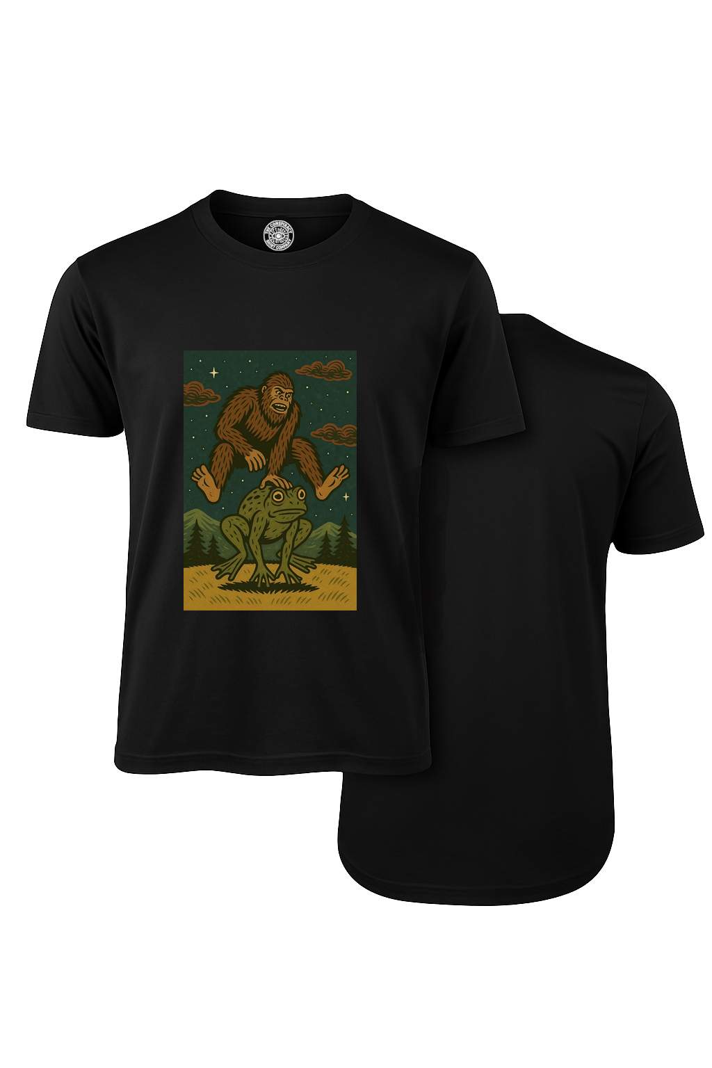 Bigfoot Playing Leapfrog with the Loveland Frog – Amphibious Antics T-Shirt (Black)